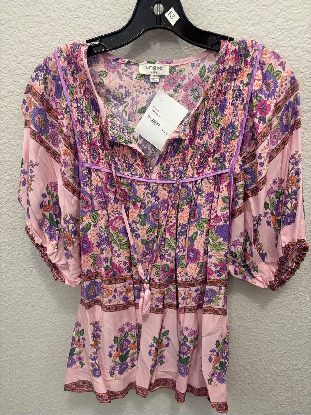 Umgee Pink Floral Smocked Peasant Blouse